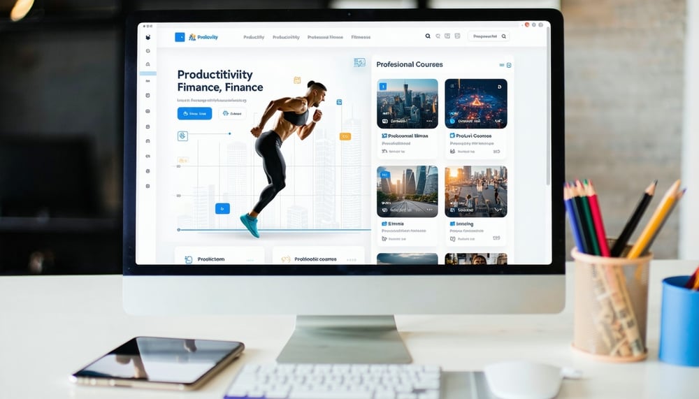 Online learning platform showcasing productivity, finance, and fitness courses Online learning platform showcasing productivity, finance, and fitness courses